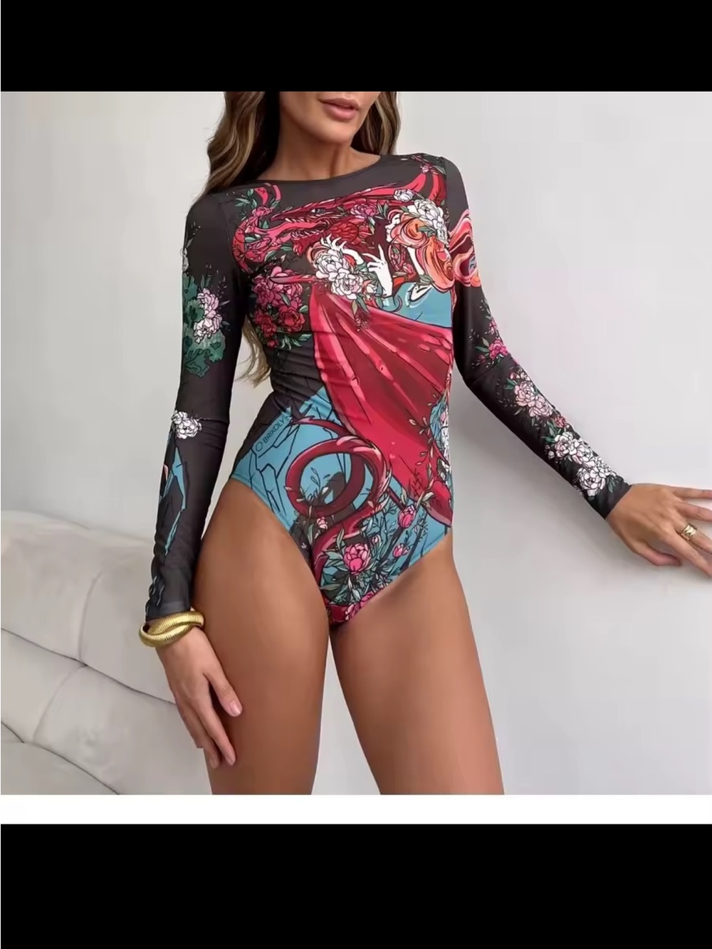 Printed Tattoo UV Protection Long-Sleeve One-Piece Swimsuit